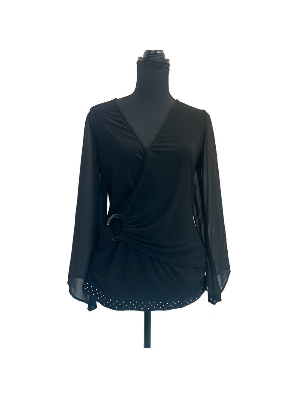 Joseph Ribkoff black faux wrap chiffon sleeve blouse rhinestone trim Sz 10